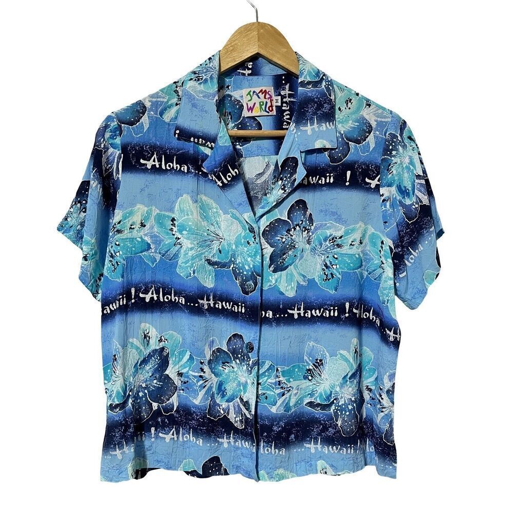 Jams World Rayon Hawaiian‎ Button Shirt Size M Blue Aloha Tropical Vacation